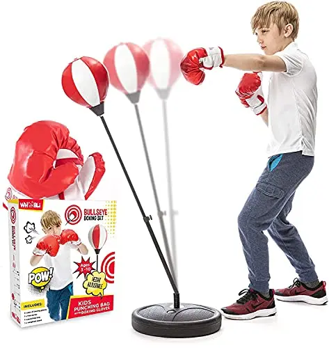 Whoobli red and white kids punching bag set with adjustable stand and boxing gloves