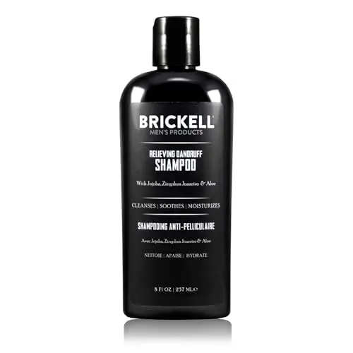 Brickell Men's Relieving Dandruff Shampoo bottle with natural ingredients label