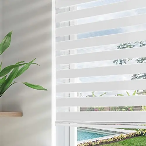 Joydeco off-white zebra blinds partially open in kitchen