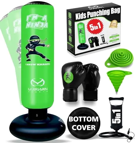 Marwan Sports 5-in-1 green inflatable punching bag set for kids with gloves