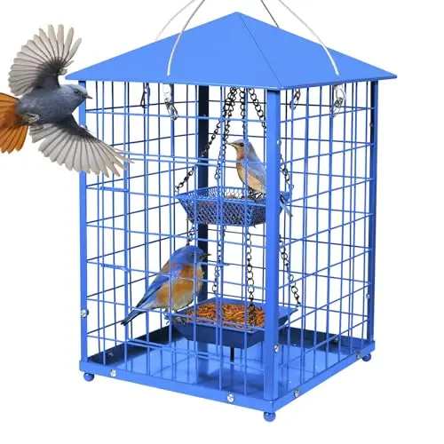 Large square blue metal caged bird feeder from Mosloly with two cups