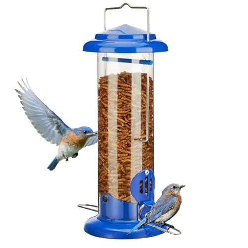 Kingsyard blue metal tube bird feeder for mealworms with widened perches