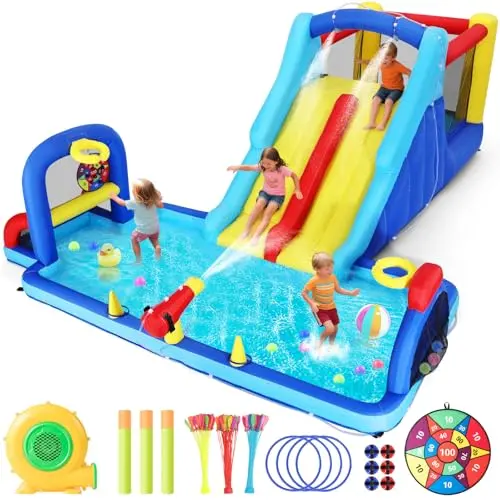 JOYLDIAS inflatable bounce house with double water slides, climbing wall, and splash pool