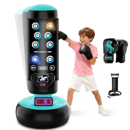 JUOIFIP black interactive kids punching bag with scoring pad and lights