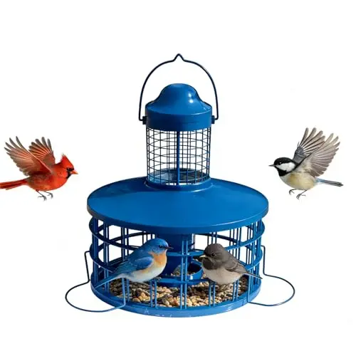 Uppernut green metal caged tube bird feeder with a detachable grille and tray